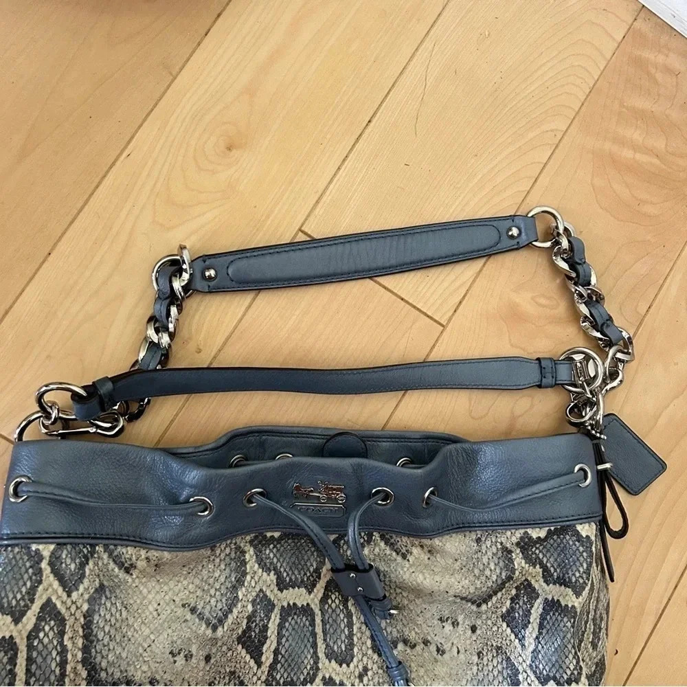 Coach Madison Marielle Python Snakeskin Blue Drawstring Shoulder Bucket Bag - Picture 9 of 14